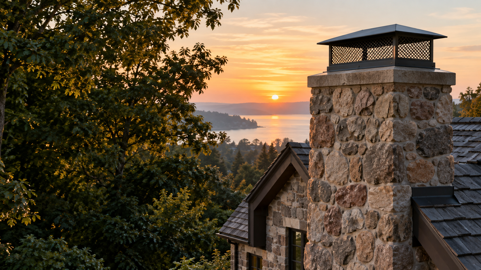 Black custom chimney cap installed on a stone chimney at sunrise
